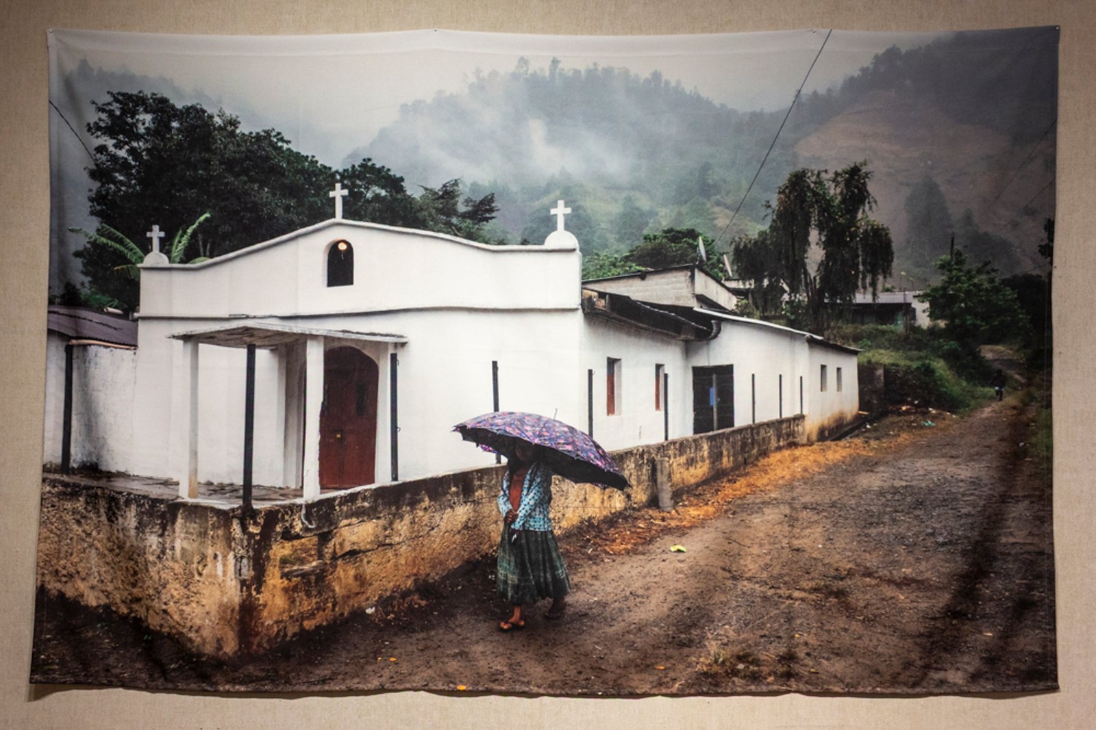 Church and woman with umbrella — color sublimation on polyester