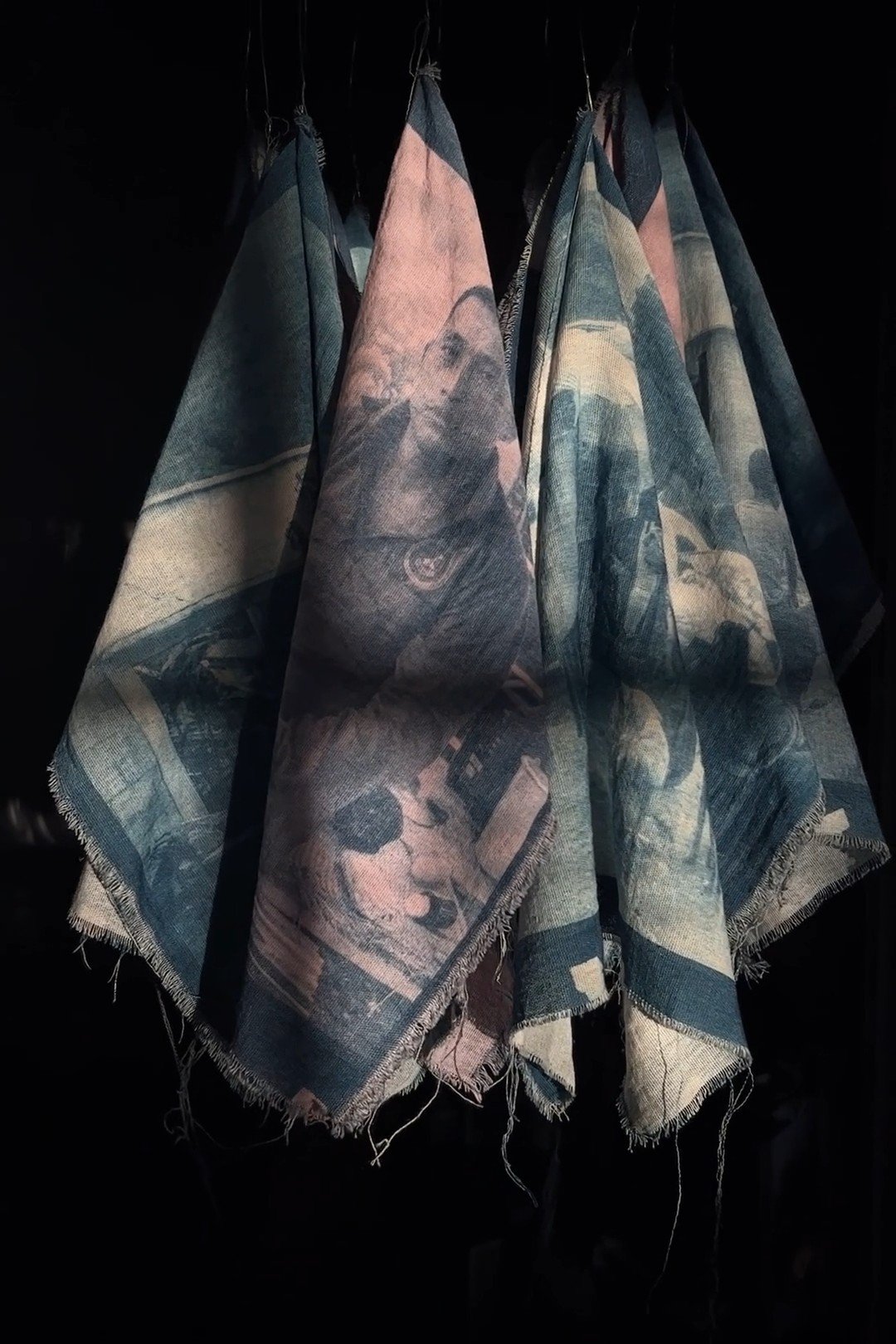 Lluvia de sangre — cyanotype, herbal tone, hanging textiles