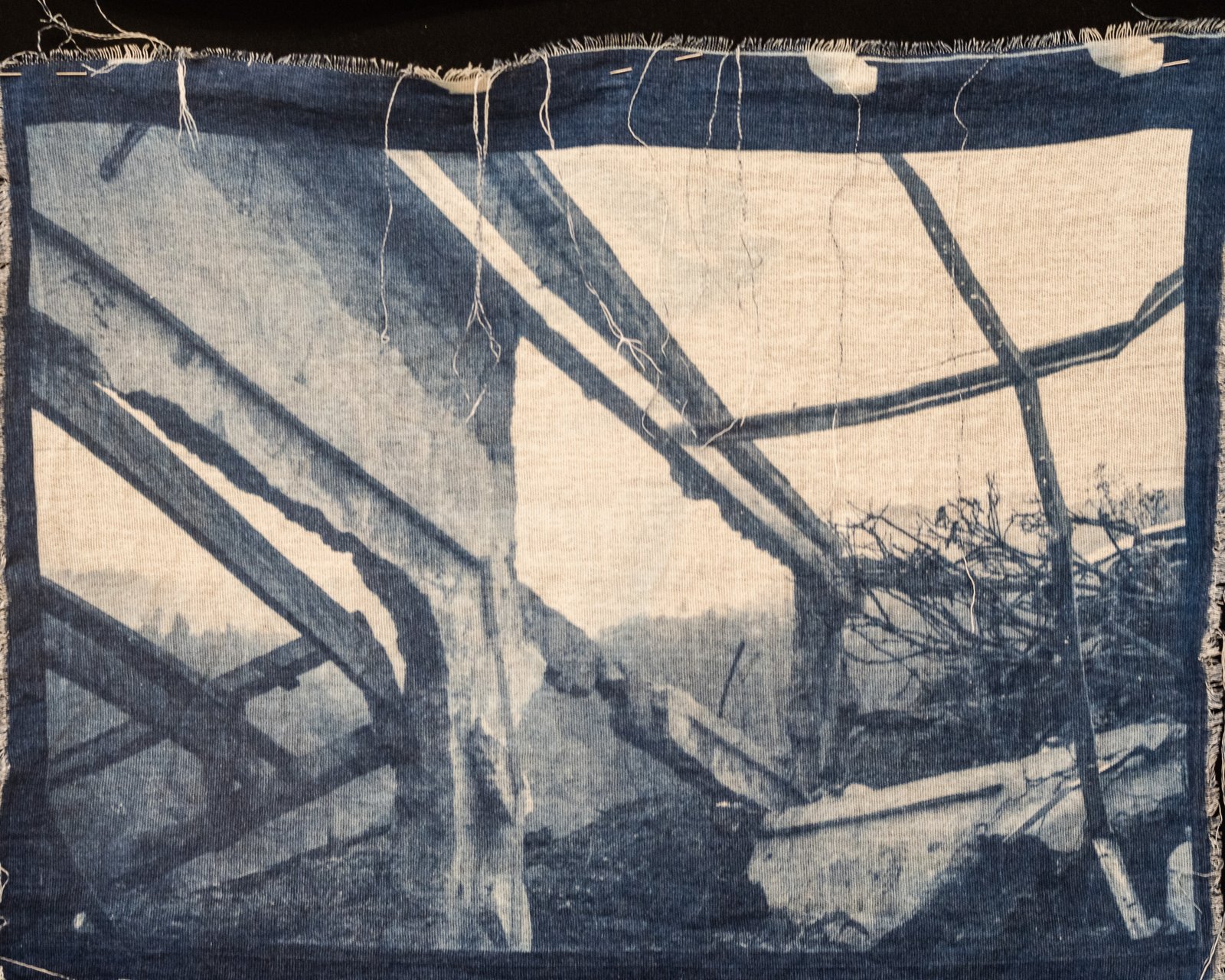 Collapsed roof beams — cyanotype on cotton