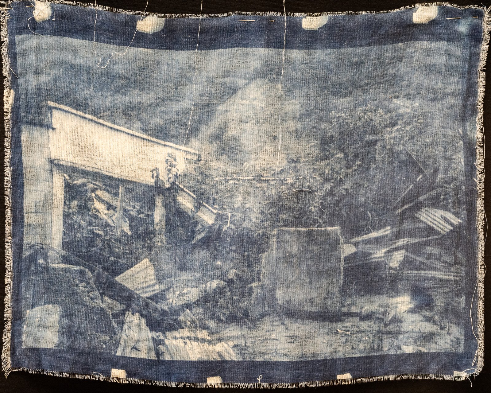 Collapsed house — cyanotype on cotton