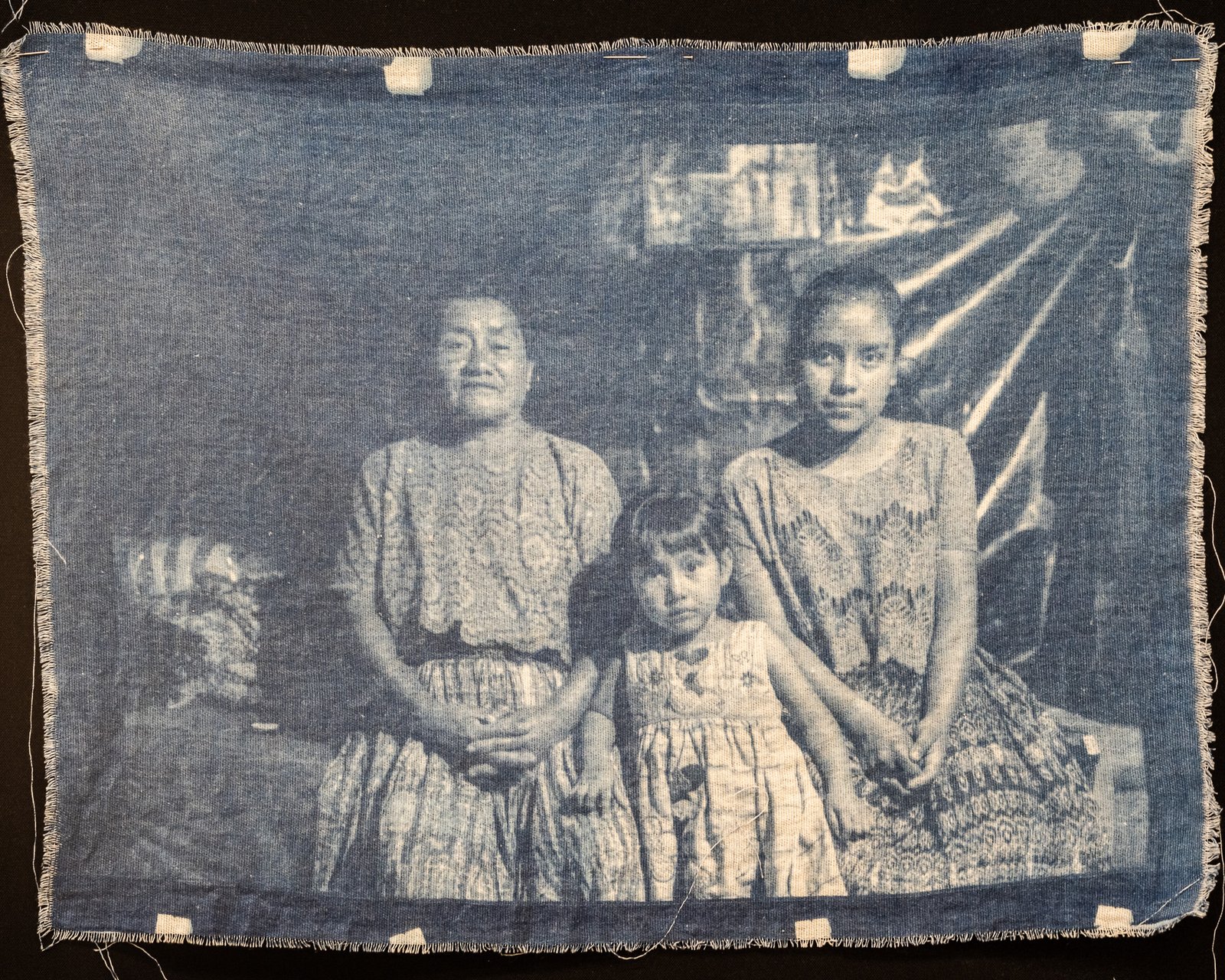Family portrait — three generations — cyanotype on cotton